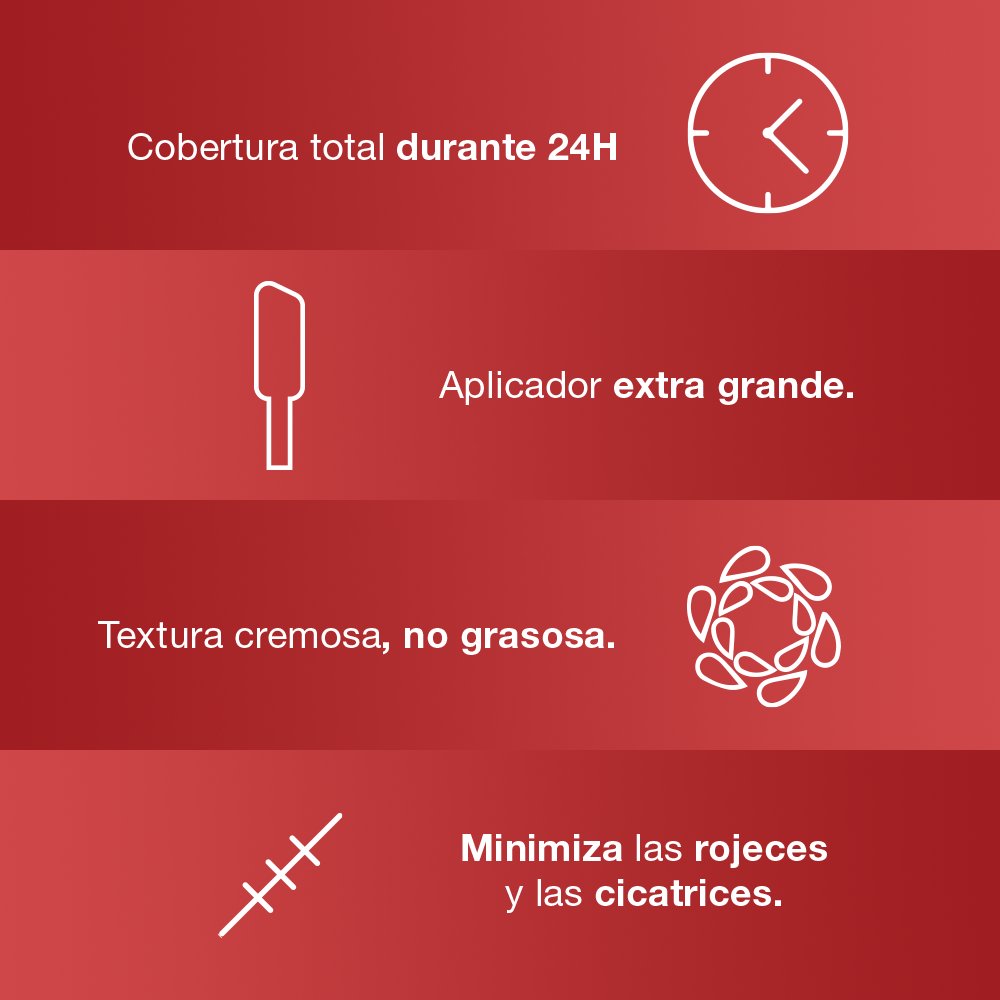 Cobertura total durante 24 horas. Aplicador extra grande. Textura cremosa, no grasosa. Minimiza rojeces y cicatrices.